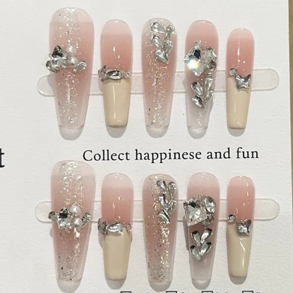 Sweet Lovely Cartoon Bear Long Coffin Stiletto Fake Nails Bowknot Pearl Diamond Flowers Cat Eyes Wearable Fake Nails