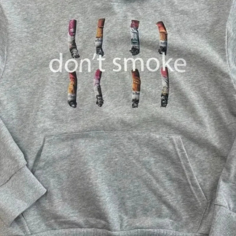 Y2K Gray Sports Hoodie Retro Smoke Print Sweater Vintage Classic Hip Hop Streetwear Clothing Loose Jacket