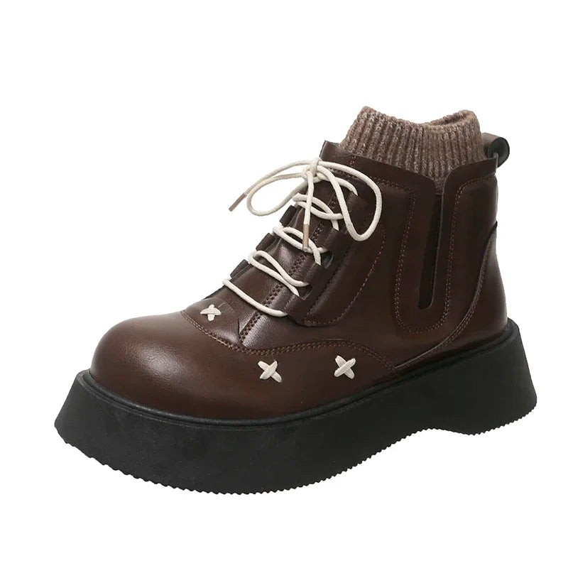 Platform Ankle Boots Elegant Lolita Style Ladies Causal Boots Simple Versatile Leather Boots Women