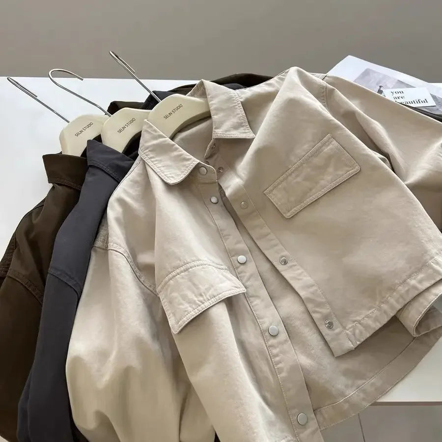 Loose Short Collared Workwear Jacket Style Versatile Korean Neutral Flip Collar Utility Coat Trend