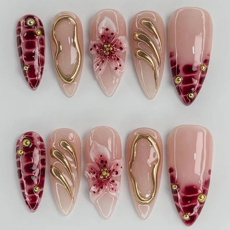 24PCS Simple Ins Dark Pink Blush 3D Flower Almond False Nails with Glue Leopard Print French Spice Girls Fake Nail Tips Press On