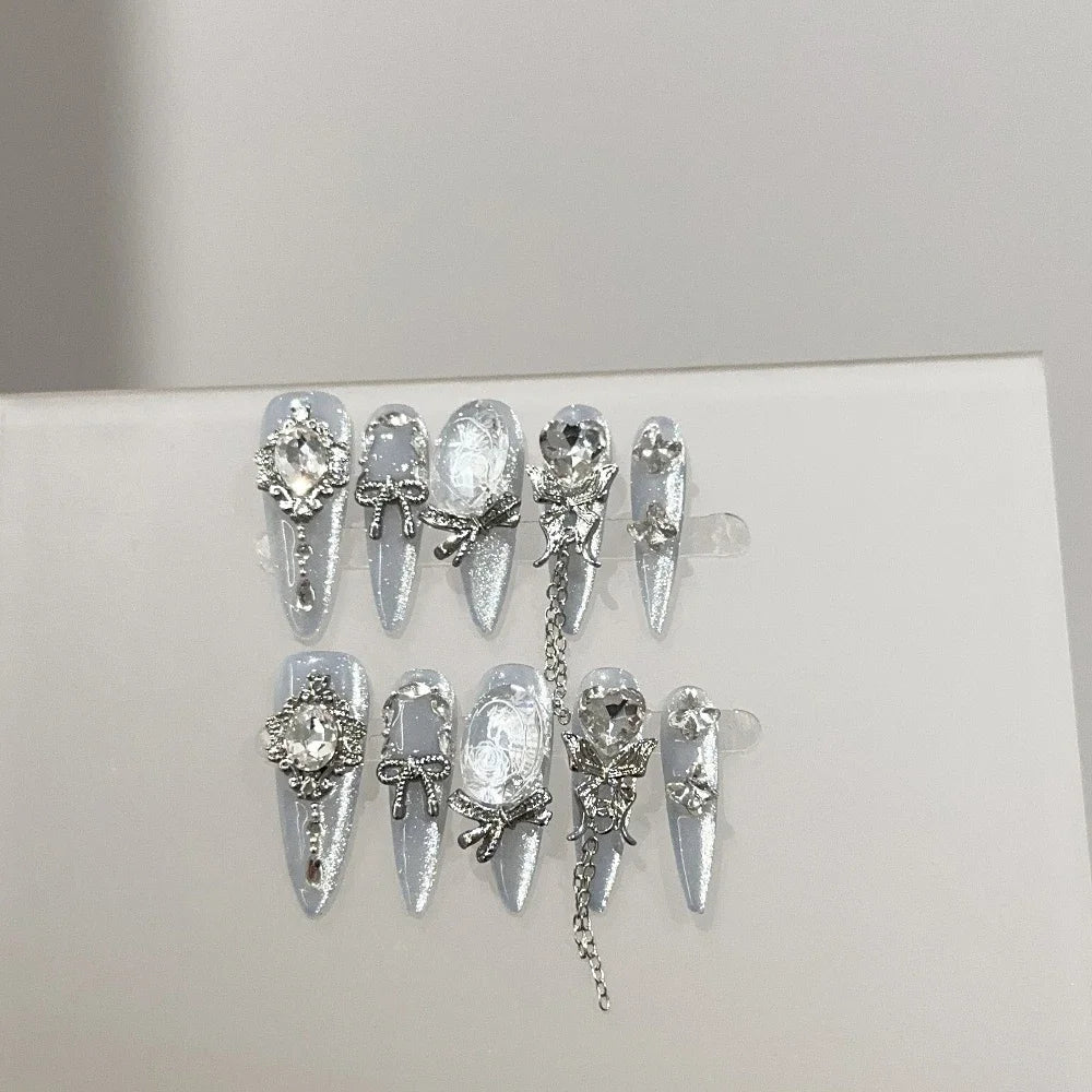 Sweet Lovely Cartoon Bear Long Coffin Stiletto Fake Nails Bowknot Pearl Diamond Flowers Cat Eyes Wearable Fake Nails