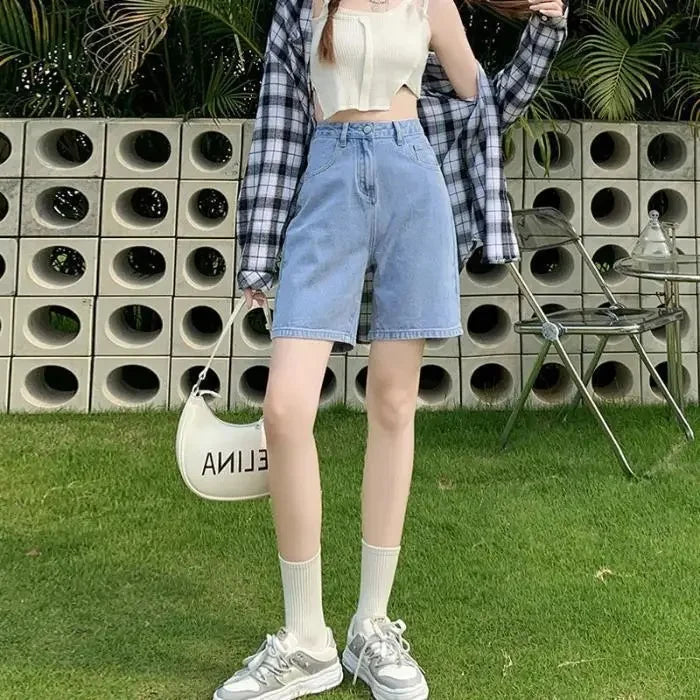 American Retro High Waist Denim Shorts Slim Straight Leg Casual Student Versatile Wide Leg Five-Point Pants