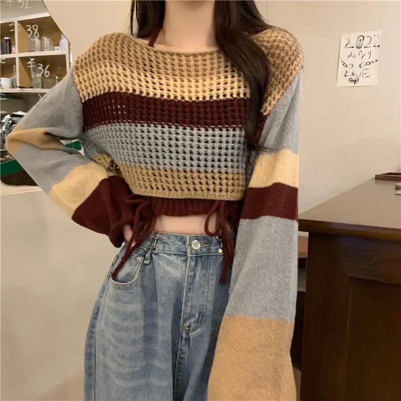 Vintage Denim Skirt Matching Set Elegant Loose Hollow Knitted Shirt+Split Dress Two Piece Suit