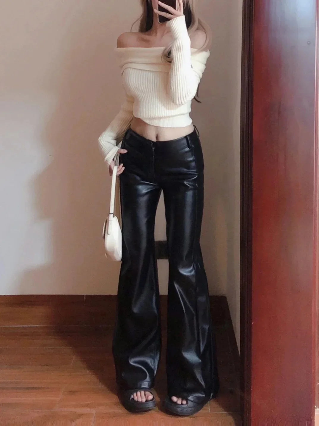 Black Pear-Shaped High-Waisted Plus-Size Wide-Leg PU Leather Pants Bell-Bottom Pants Season