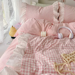 3 Piece Sheet Set pink plaid duvet cover Set