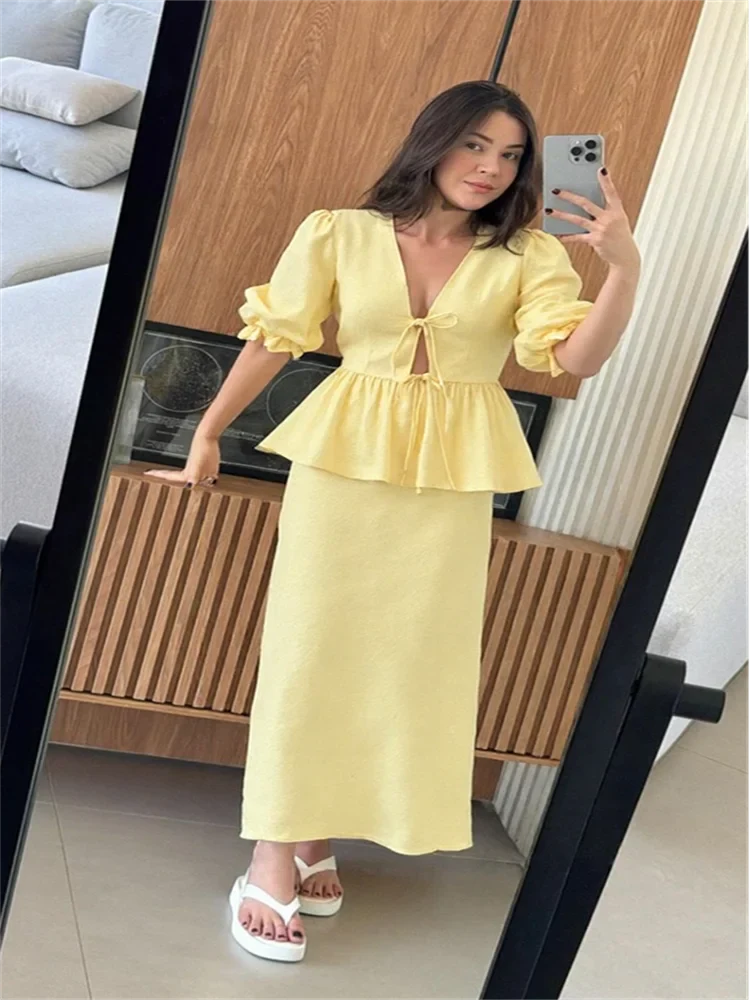 s Skirt Set V-neck Lace Up Short Bubble Sleeve Hollow Out Shirt High Waist Long Skirt Suit Lady Outfit