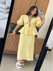 s Skirt Set V-neck Lace Up Short Bubble Sleeve Hollow Out Shirt High Waist Long Skirt Suit Lady Outfit