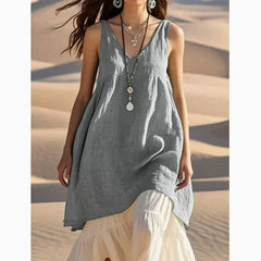 V-Neck Sleeveless Cotton Linen Beach Dress Loose Waist Midi Dress Comfortable Breathable Dress