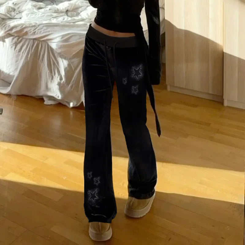 Velvet Pants Goth Dark Y2K Star Diamond Slim Flared Pants Retro Streetwear Low Waist Bellbottom Pants