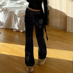 Velvet Pants Goth Dark Y2K Star Diamond Slim Flared Pants Retro Streetwear Low Waist Bellbottom Pants
