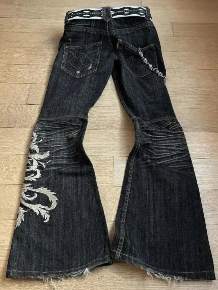American Retro Flared Jeans Harajuku Wide Leg Y2k Gothic Vintage Embroidery Denim Pants Baggy Hip Hop Streetwear