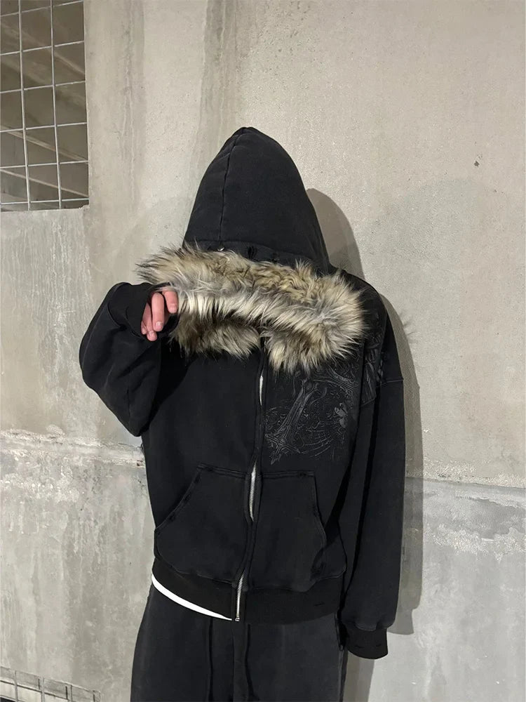 /Y2k Harajuku Faux Fur Collar Hoodies Clothes Graphic Hip Hop Punk Gothic Zip Up Hoodies new