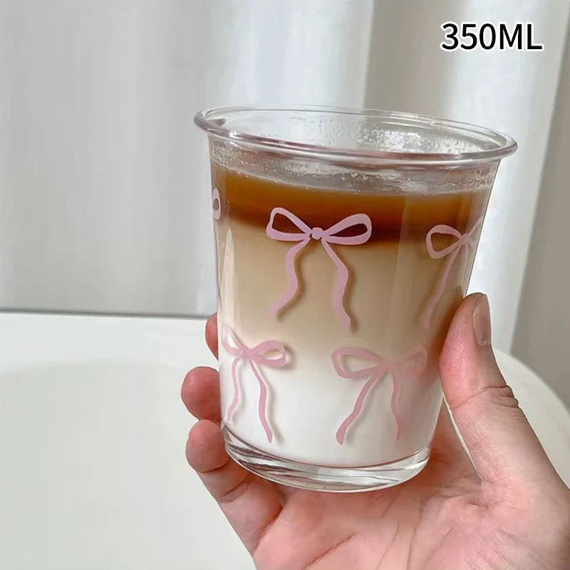 INS Pink Bow Glass Cups Iced Coffee Mug Clear Drinking Glasses Tumbler Milk Tea Juice Water Cup Dessert Cups Drinkware 260-380ML