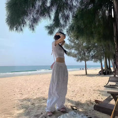 American Retro Butterfly Knot Full Print Paratrooper Pants Wide Leg Drawstring Casual Long Trousers