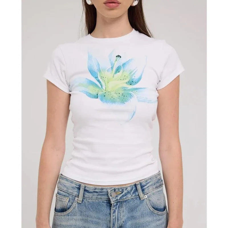 Xingqing y2k Crop Top 2000s Baby Tee Floral Print Round Neck Short Sleeve T Shirt Fairycore Clothes Streetwear