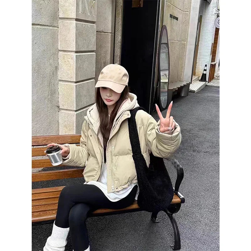 Hooded Short Parkas Black Patchwork Puffer Jacket Streetwear Down Coats Korean Cotton Padded Outerwears New
