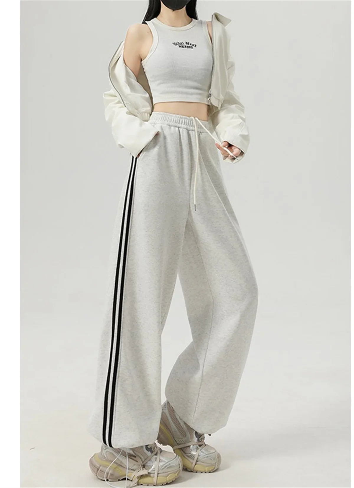 Stripe Chic Straight Pant Retro Sports Sweatpants High Waist Color Blocked Trouseres Lady Casual Streetwear
