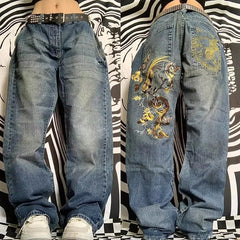 American Trend Joker Pattern Embroidered Loose Jeans Street Y2K Hip Hop Oversized Wide-leg Pants Unisex Jeans