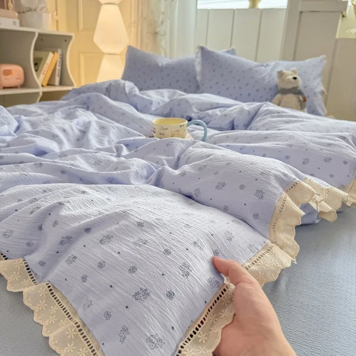 hollow lace wrinkled cotton four-piece set household student dormitory three-piece set bed sheet quilt cover