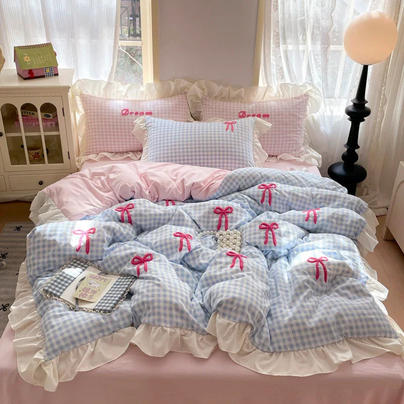 Korean Style Bedding Sets Pink Grid Bow Quilt Cover Romantic Bed Sheet Sets Girls Bedroom Duvet Cover 4pcs