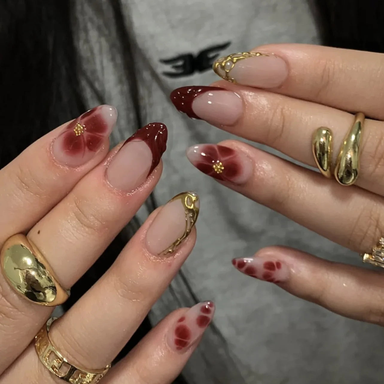 24pcs Smudging Flower Press On Nails Wave Point Designs French Style Almond False Nails Y2k Sweet Cool Fake Nail