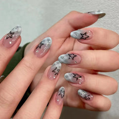 24Pcs Mid-length French Almond Press on Fake Nails with Red Smudge Star Design False Nails Art Datachable Full Cover Nails Tips