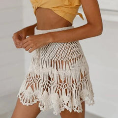 Handmade Crochet Hollow Out Swimwear Cover Up Solid Color Drawstring Short Skirt Holiday Knitting Sweet Beachwear