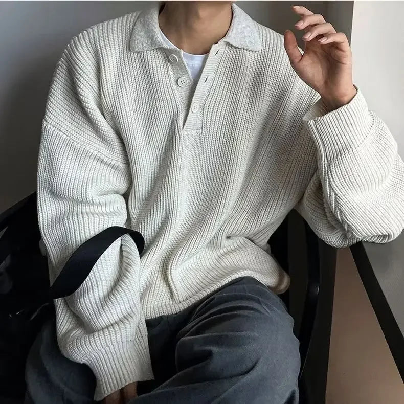 Laid-back Japanese Style Polo Neck Knitwear Hoodie American Retro High-End Crew Neck Pullover Student Top