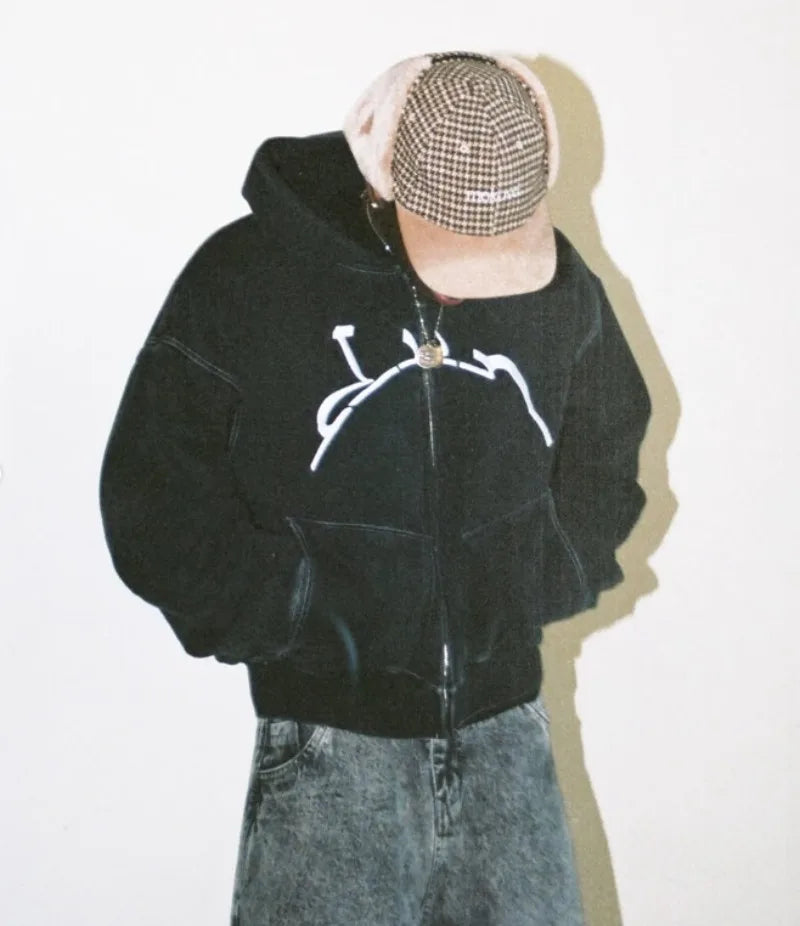 Y2K American High Street Washing Zipper Hooded Sweater Retro Harajuku Loose Hooded Top Clothing
