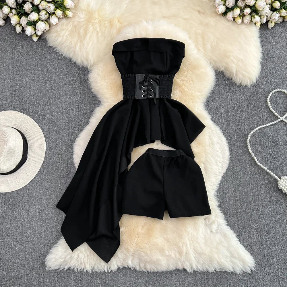 2pcs Sets Outfits Strapless Irregular Skinny A-line Dresses+elastic High Waist Solid Wide-leg Shorts Femme Suits