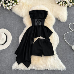 2pcs Sets Outfits Strapless Irregular Skinny A-line Dresses+elastic High Waist Solid Wide-leg Shorts Femme Suits