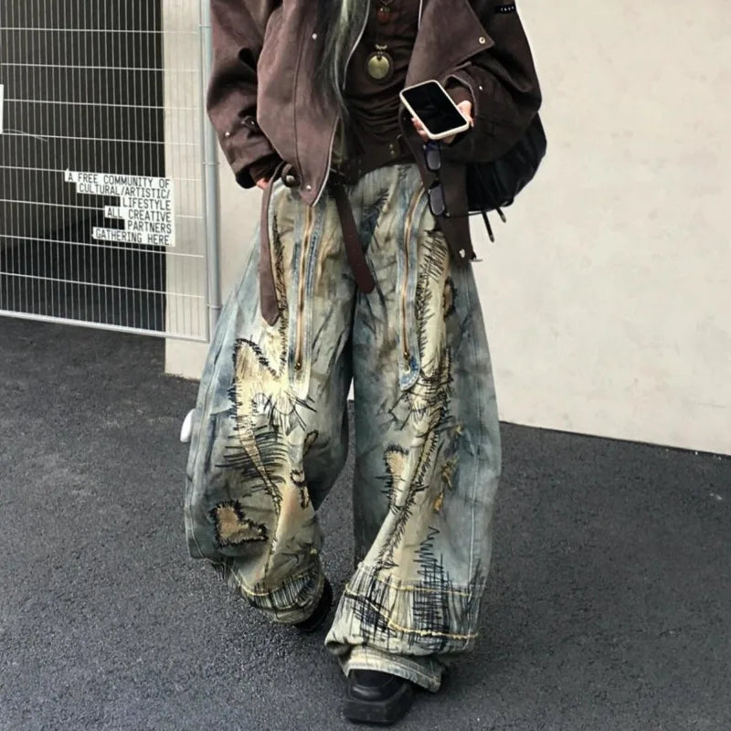 American Street Destruction Style Embroidered Denim Pants Oversized Retro Wash Personality Loose Casual Wide Leg Jeans