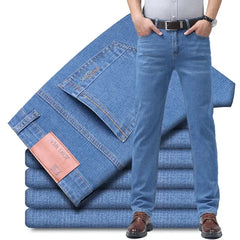 Light Blue Comfort Soft Jeans Thin Straight Business Denim Pants Breathable Cotton Casual Stretch Work Trousers