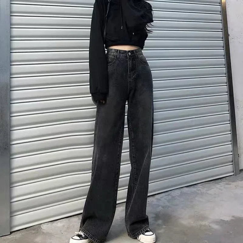 American Harajuku Vintage Print Jeans Y2K Washed Gray Straight Pants Street Gothic Loose Unisex Trousers Tide