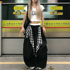 Y2K Black Cargo Pants Streetwear Plaid Patchwork Baggy Sweatpants Harajuku Wide Leg Joggers Korean Casual Trousers
