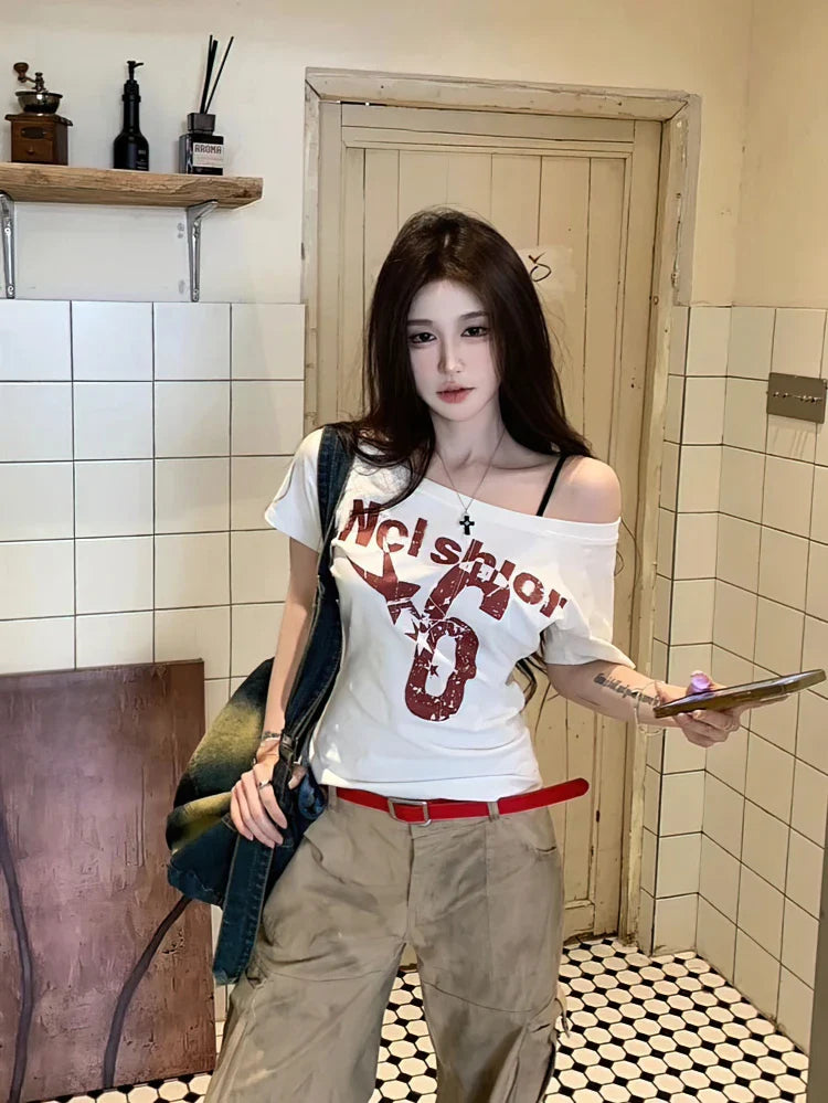Y2k Sport Off shoulder Top Vintage 2000s Short sleeve T shirt Lady Body Basic Crop Top Casual