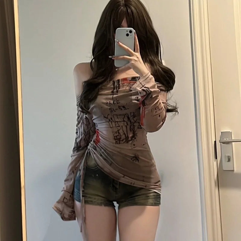Long sleeved T-shirt spicy girl style one shoulder thin mesh screen graffiti print irregular drawstring top