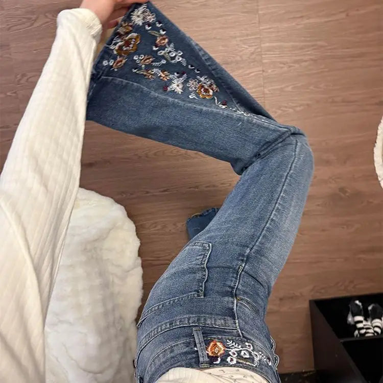 American Large Size Heavy Industry Flower Embroidery Pattern Flared Jeans Mid-Rise Slim Retro Harajuku Floor-Mopping Pants
