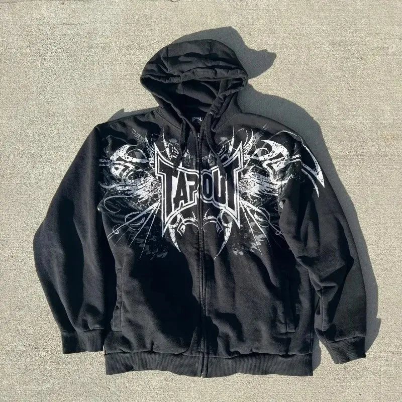 Y2K Tapout Zipper Hooded Sweater Retro Hip-hop Letter Printing Oversized Black Hooded Sweater