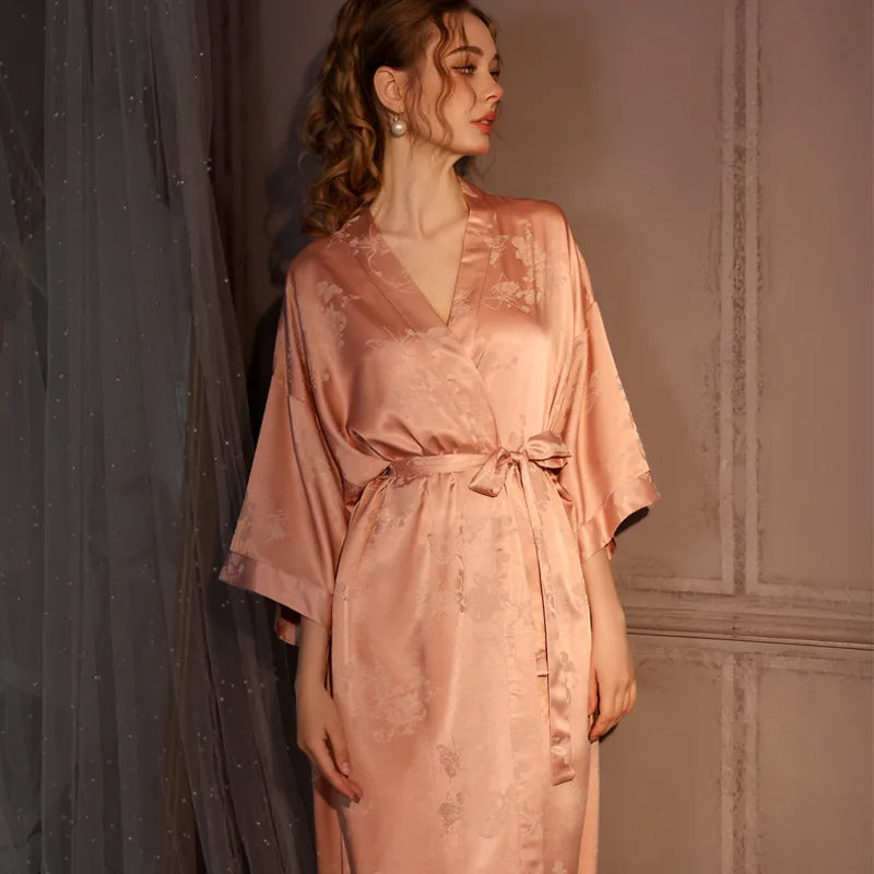 Luxury Jacquard Long Robe Nightgown Half Sleeve Kimono Bathrobe Gown Satin Ice Silk Sleepwear Home Dress Lounge Wear