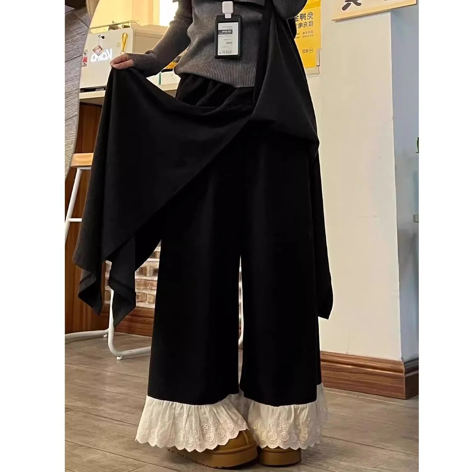 Casual Lace Trim Wide Leg Pants Fake Two-Piece Design Elastic Waist Patchwork Trendy High Waist Nine-Piece Length Polyester F...