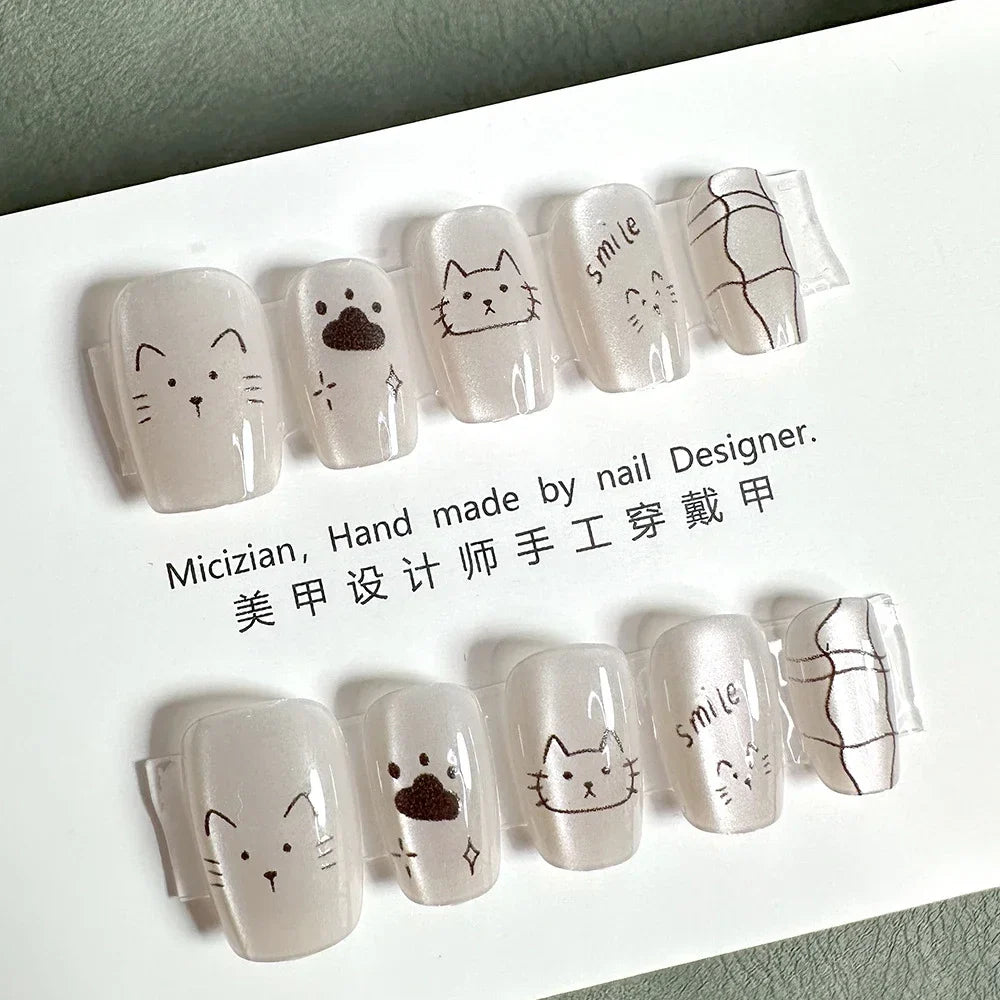 10Pcs Wearable Cat Eyes Series Short Square Press On Nails Kawaii Cartoon Cat Rabbit Rhinestone Gradients Full Cover False Nails