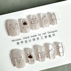 10Pcs Wearable Cat Eyes Series Short Square Press On Nails Kawaii Cartoon Cat Rabbit Rhinestone Gradients Full Cover False Nails