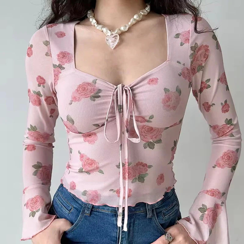 Floral Printed Sweet Holiday T-shirts Flare Sleeve Lace Up Chiffon Office Blouse Mesh Beach Tees Top