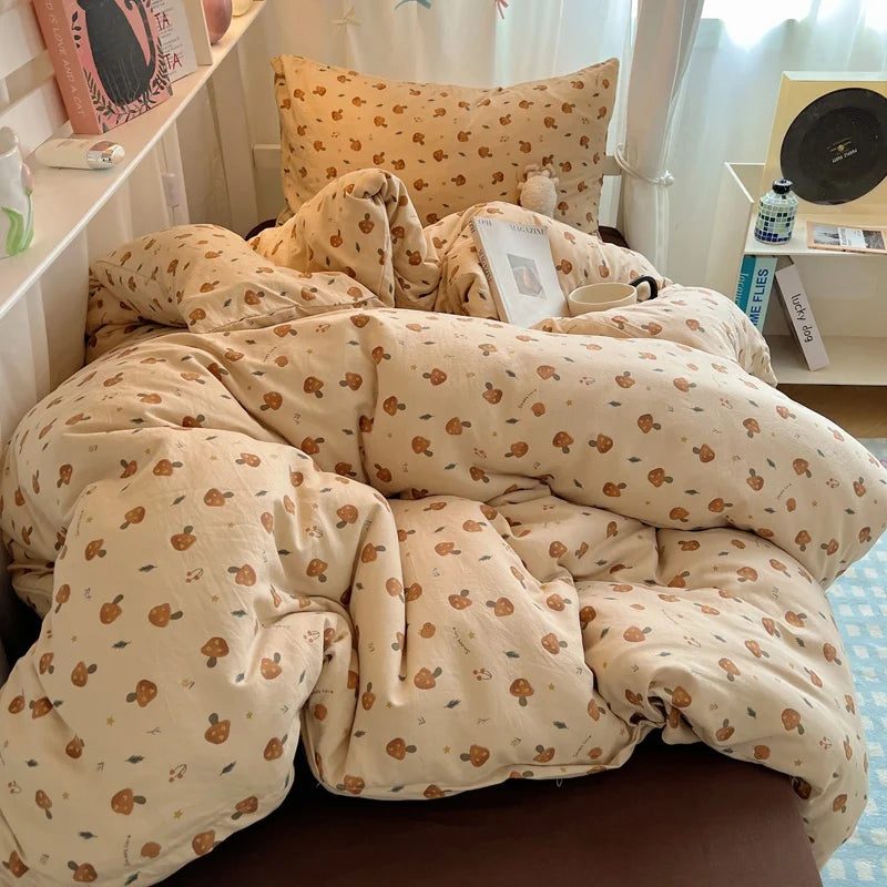 Bedding Set Double Layered Yarn INS Girls Mushroom Soft Washed Cotton Bed Sheet Queen King Size Duvet Set Pillowcase Bed Sheet