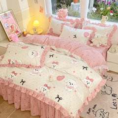 Cartoon Washed Cotton Bed Sheet Four-piece Set Non-cotton Thickened Brushed Quilt Cover Bed Skirt Style Princess Style Bedroom