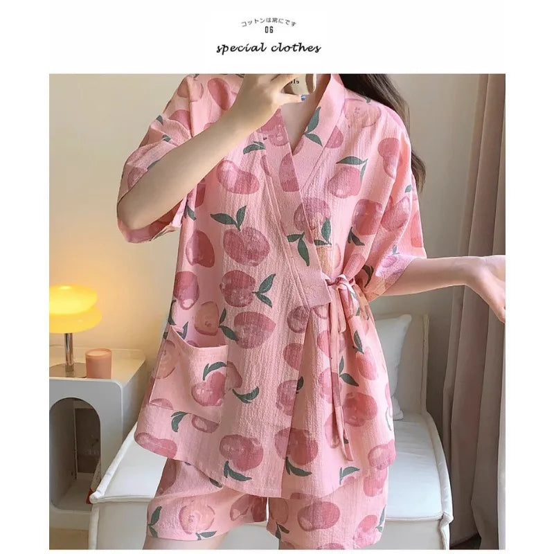 Nightwear Loungewear Kimono Pajamas Student Short Sleeves Shorts Peach Print Tops