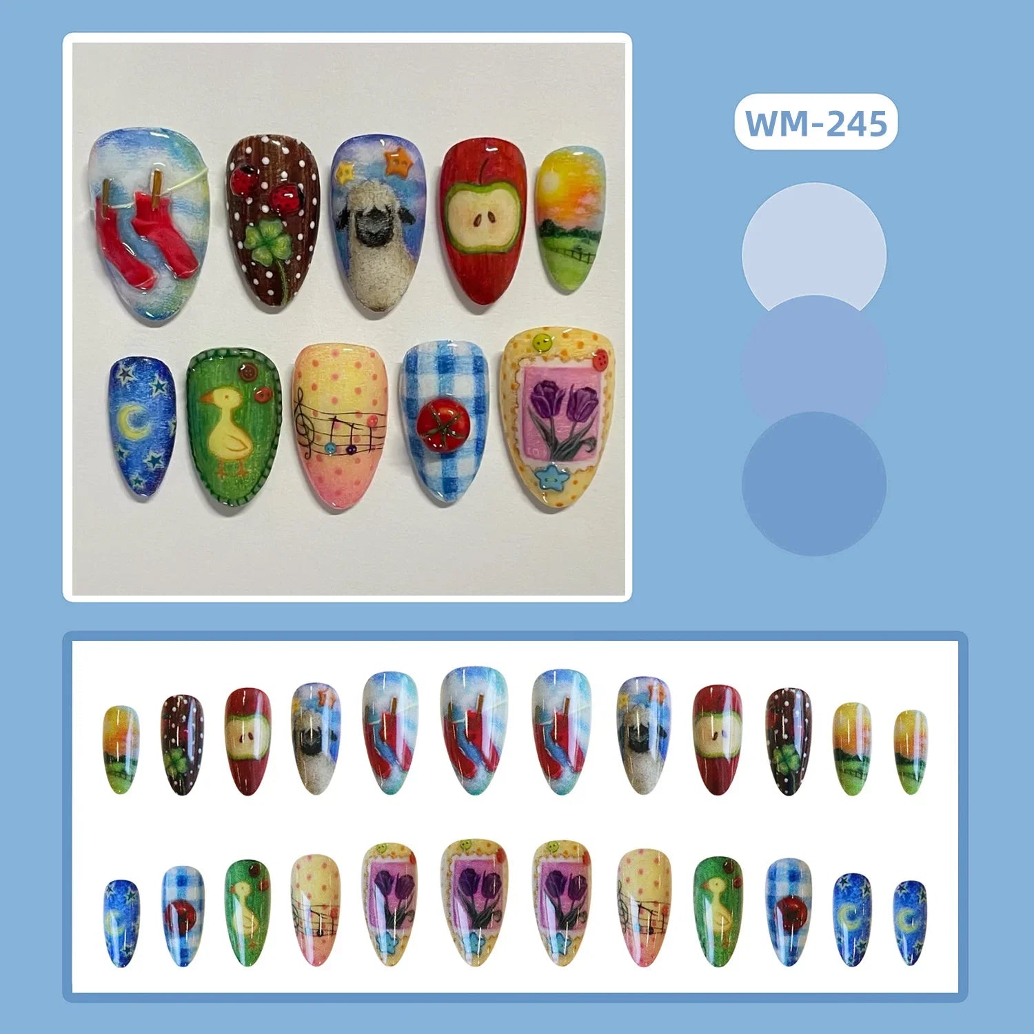 24pcs Cute Cartoon Fake Nail Tips Oil Painting Series Printed Almond Press On Nail Sweet Cool Charming False Nail