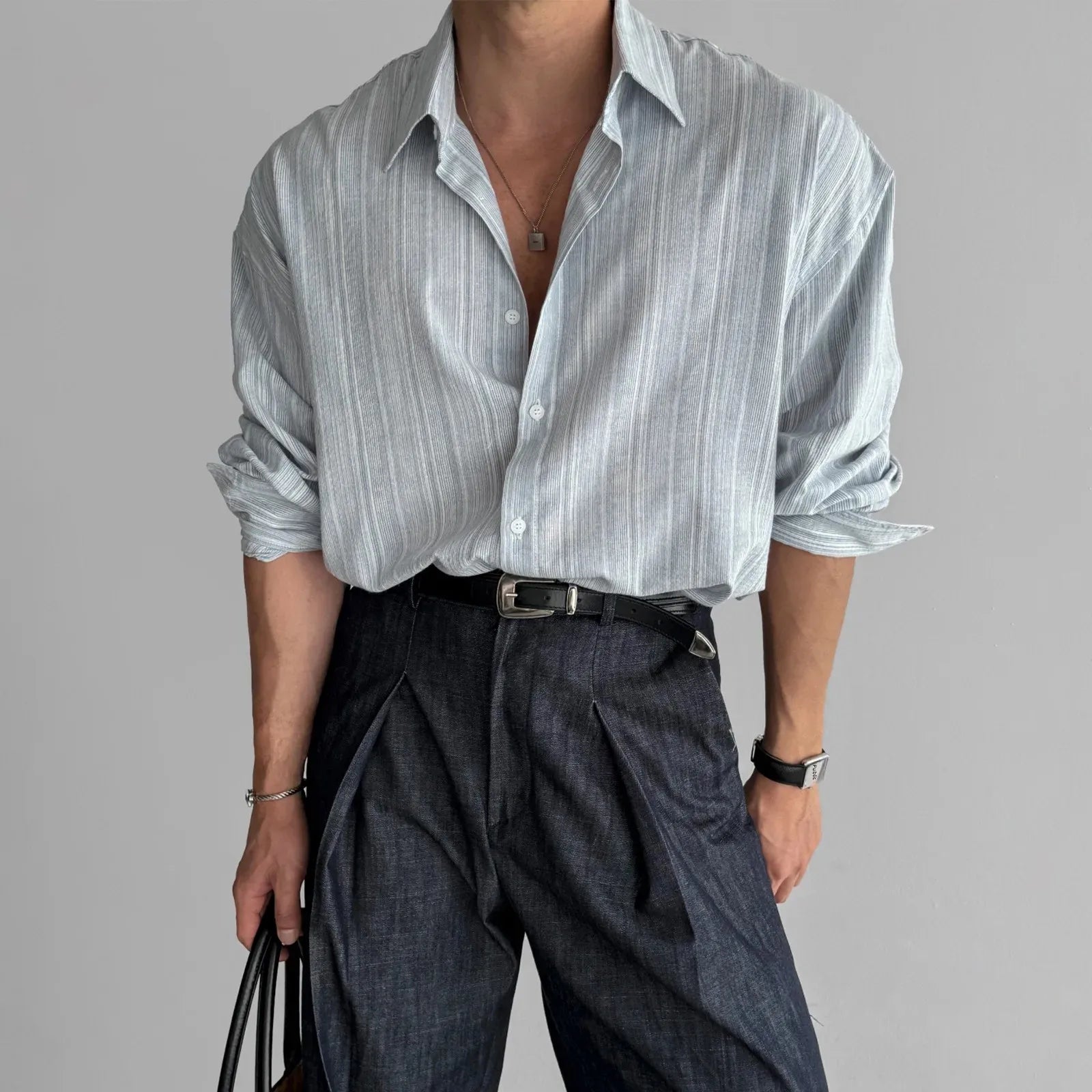 Long Sleeve Casual Linen Striped Shirt Korean Style Lightweight Seasons Blue Color Thin Fabric No Ironing
